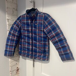Girls’ Patagonia peach and blues colored plaid Goose Down Jacket, size 10 M